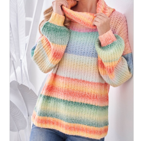 Love Riche Coral Pink Blue Rainbow Stripe Cow Neck Oversized Sweater NWT - Picture 3 of 11